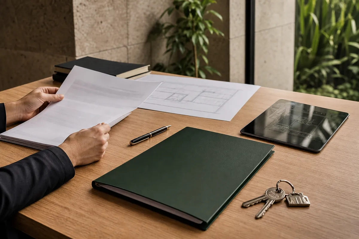 Documentación, llaves y recursos organizados para una revisión jurídica inmobiliaria confidencial