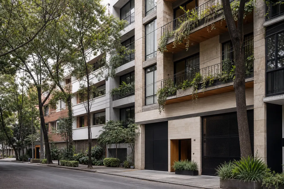 Edificios residenciales con árboles y balcones en un entorno urbano mexicano