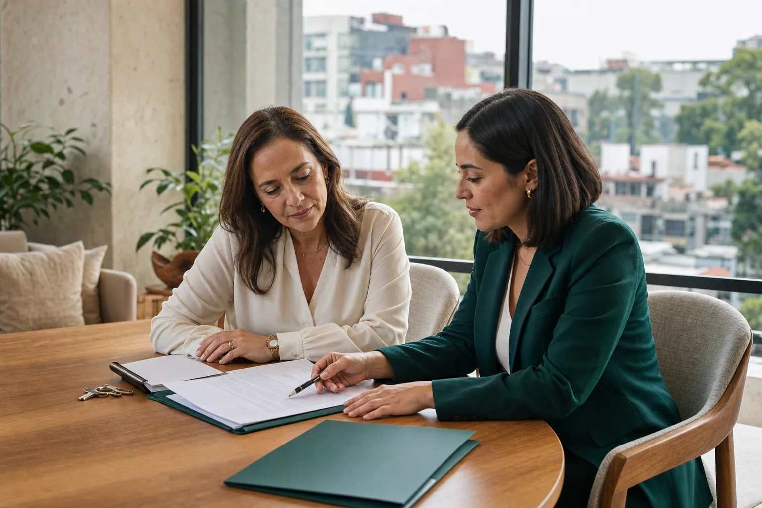Propietaria y asesora jurídica revisando un contrato de arrendamiento