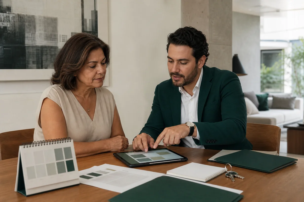 Propietaria y asesor revisando documentación de continuidad de rentas