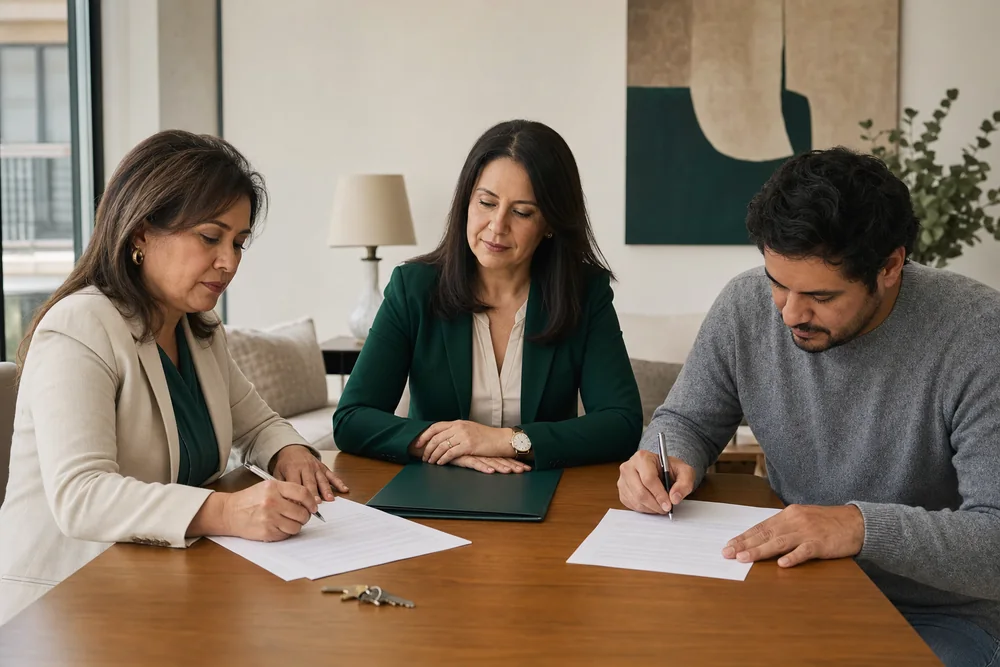 Propietaria y arrendatario firmando documentos con acompañamiento jurídico