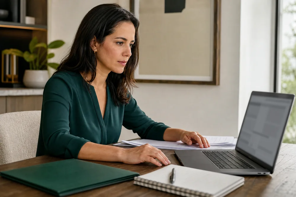 Asesora analizando documentación inmobiliaria en una computadora